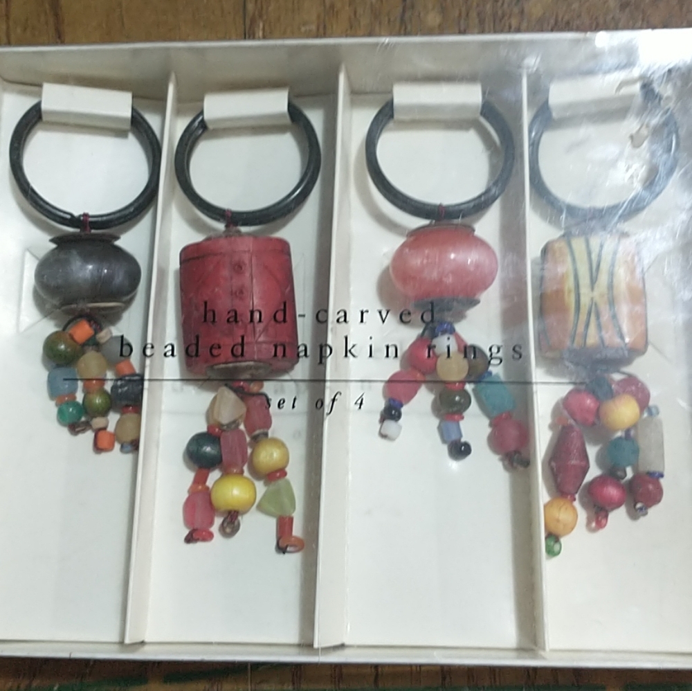 NIB Pier 1 Hand Carved Beaded Napkin Rings Set of 4